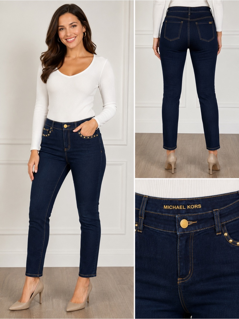 Michael Kors Jeans Size 10P Dark Wash Skinny Gold-Tone Studded Detailing